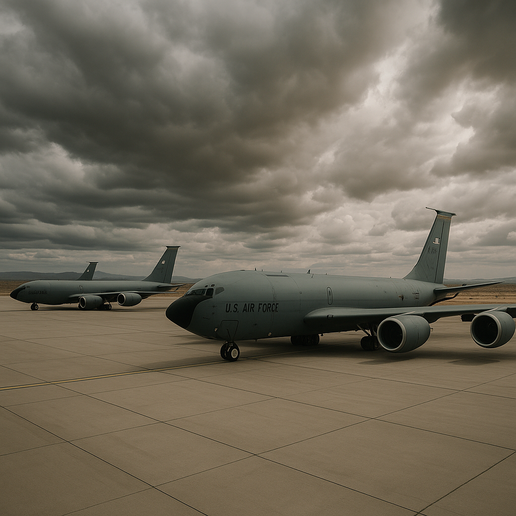 Military aircraft on a tarmac under cloudy skies