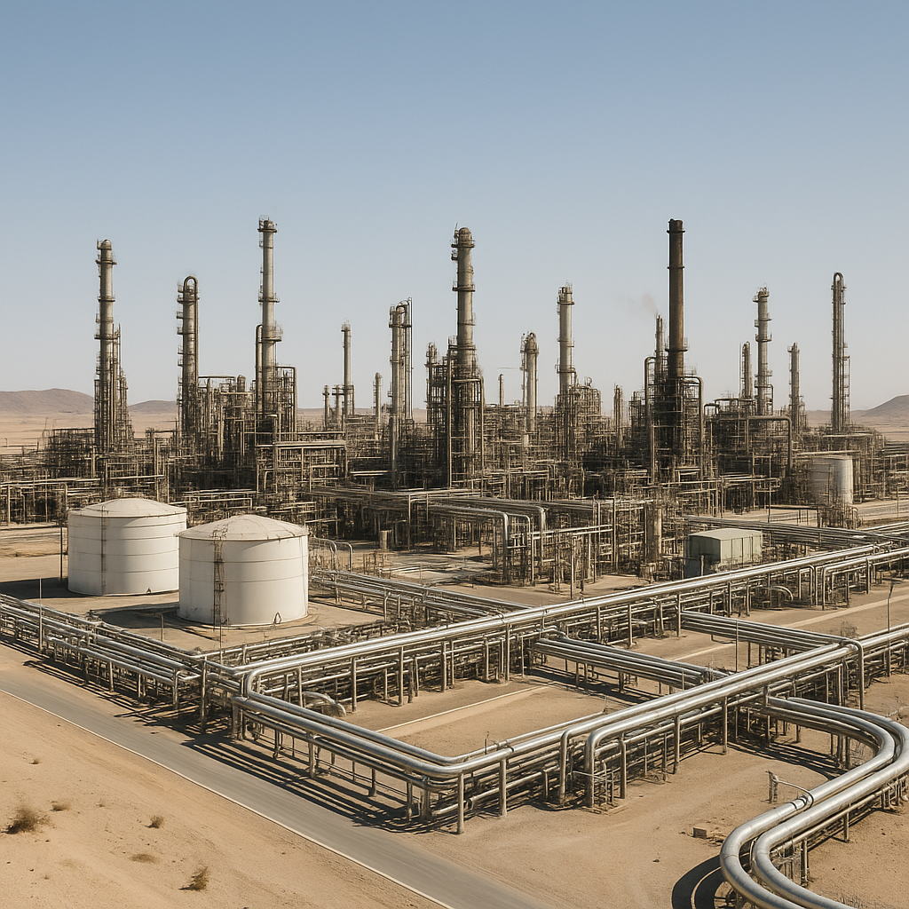 Oil refinery in Saudi Arabia with desert backdrop, symbolizing the region’s global energy role