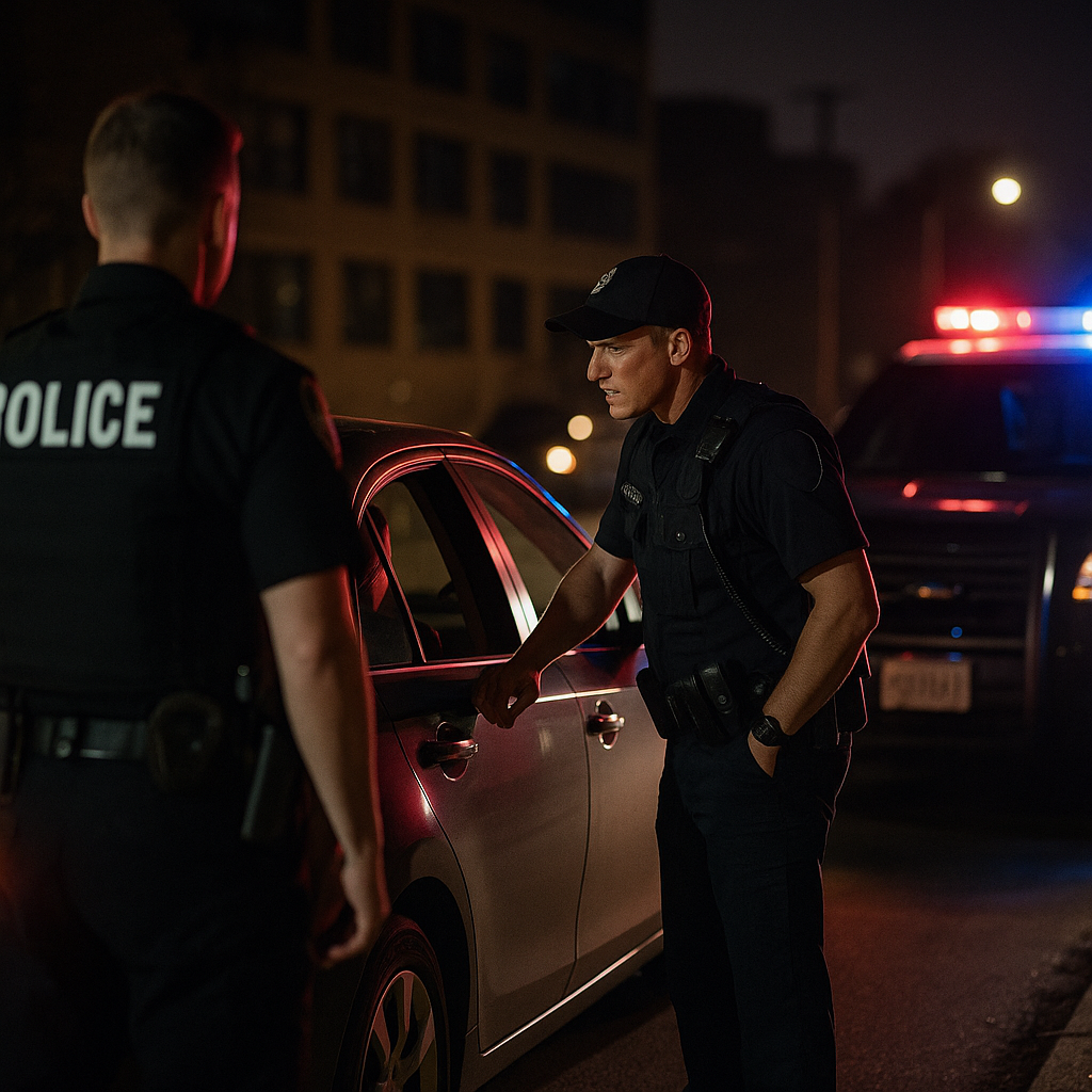 A nighttime traffic stop with law enforcement vehicles and flashing lights