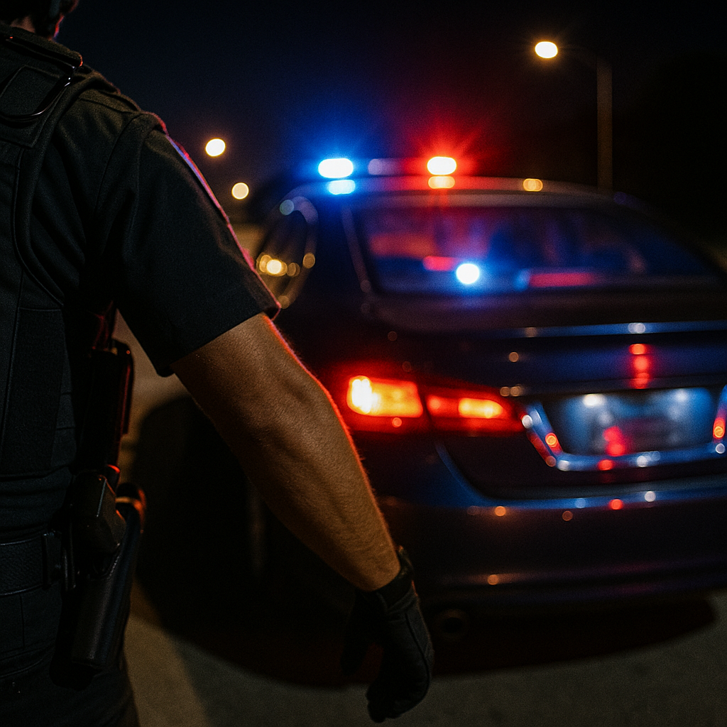 A still frame of a law enforcement officer’s body cam looking toward a vehicle at night