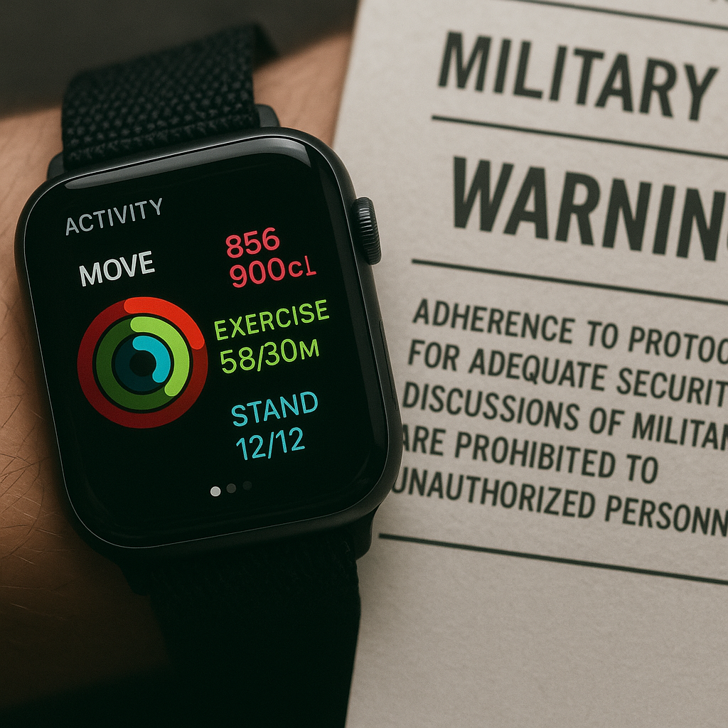 A smartwatch displaying activity tracking data alongside security advisory warnings