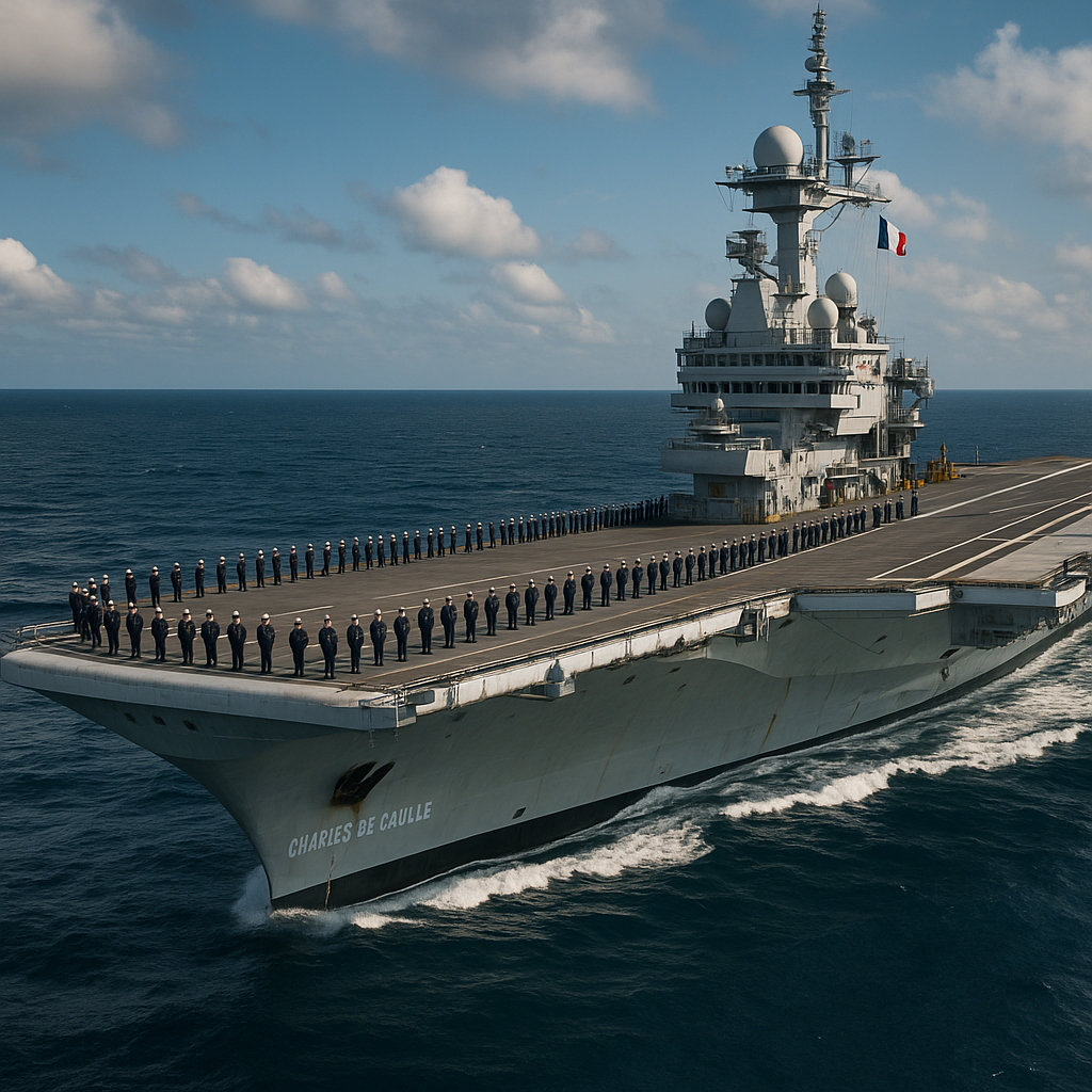 A modern aircraft carrier, such as Charles de Gaulle, sailing in open waters with crew visible on deck