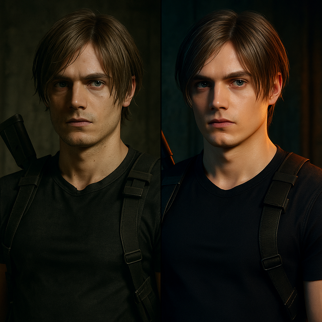 A side-by-side shot comparing a video game character's original art direction with an overly polished, uncanny DLSS 5-enhanced version