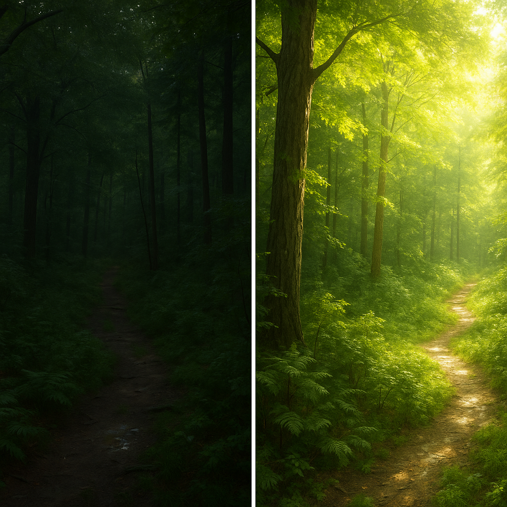 Side-by-side visual comparison that shows how generative AI alters environmental textures (e.g., before and after lighting adjustments in a forest scene)