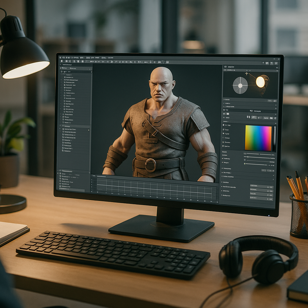 A developer’s workstation with character models and lighting design tools side by side, showing a creative process at odds with generative AI outputs