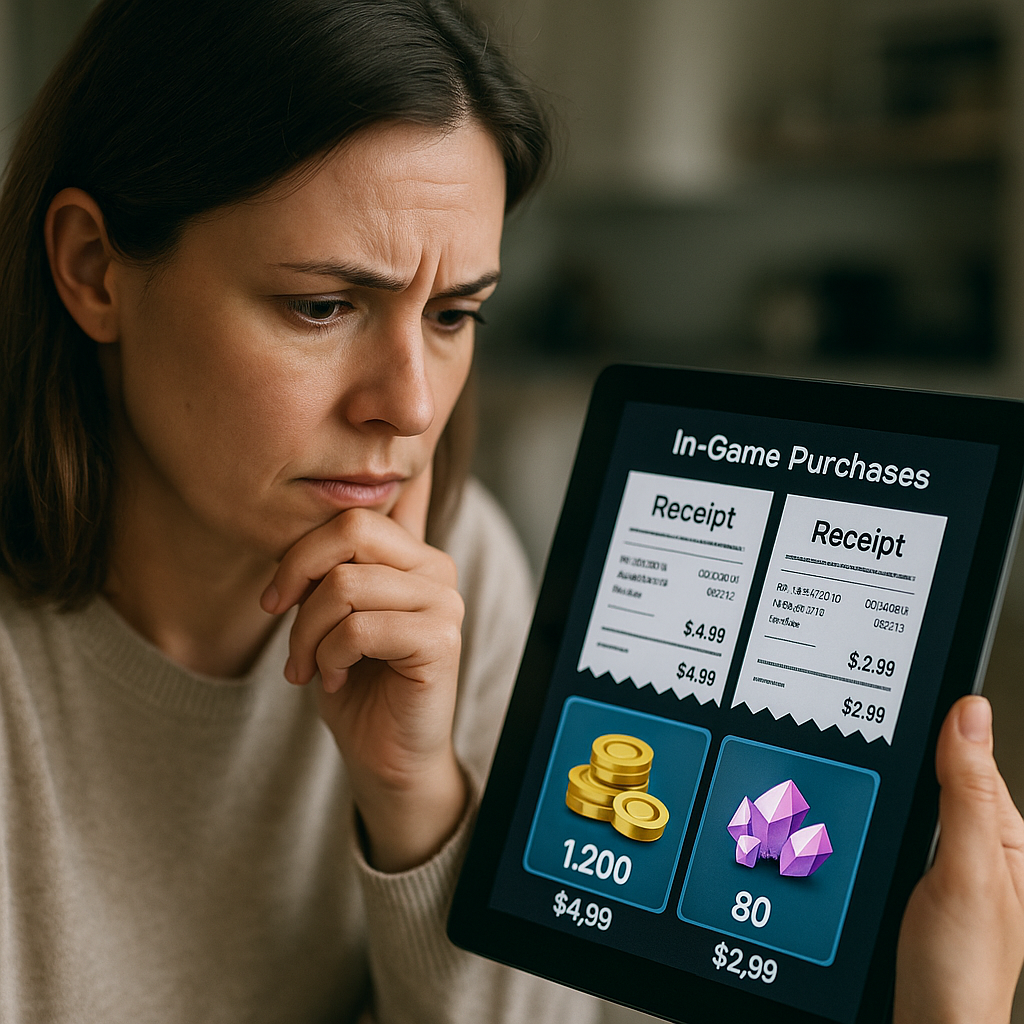 A worried parent looking at a child's in-game purchases on a tablet or phone