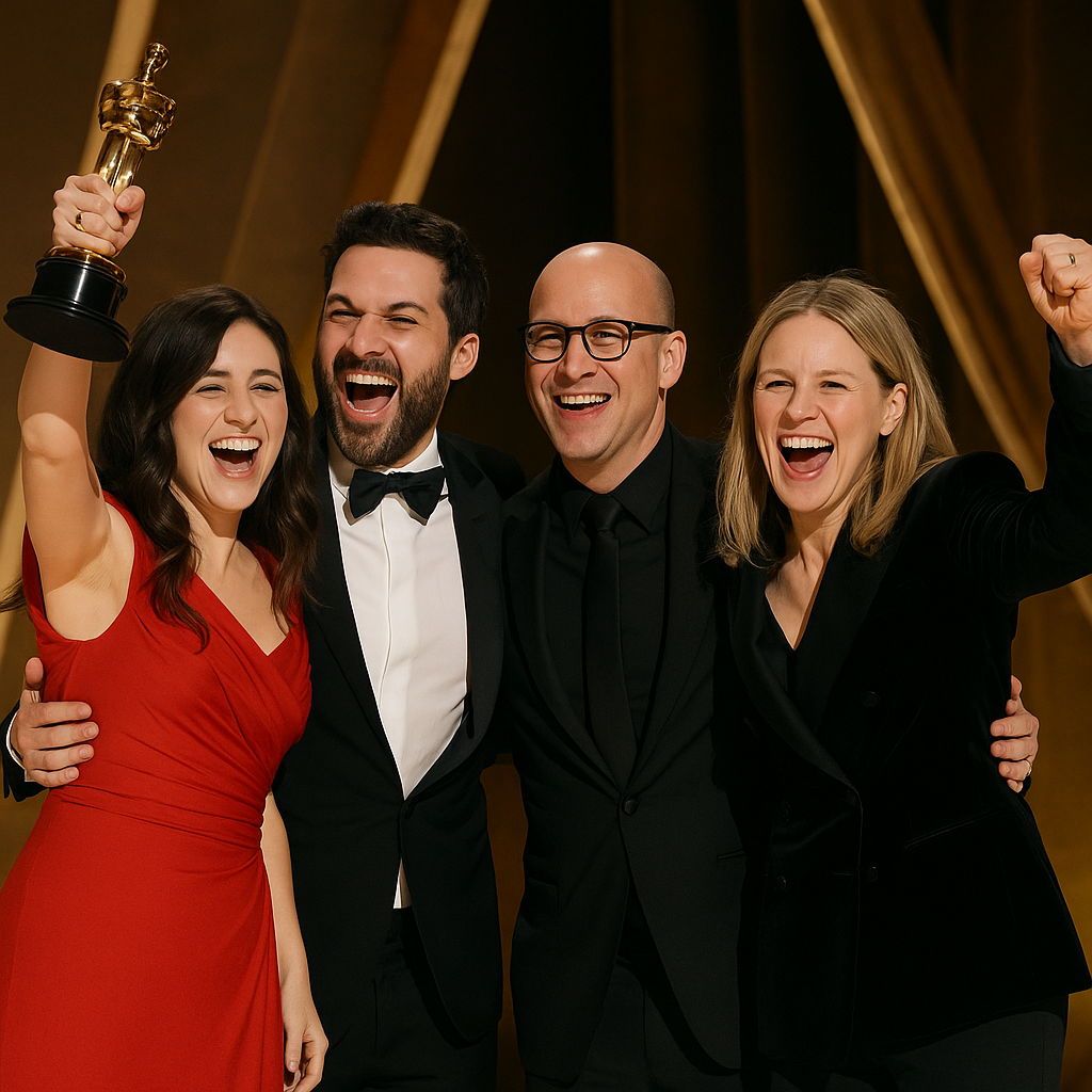A triumphant stage moment at the Oscars, showing Huntr/x and producers holding the Oscar trophy
