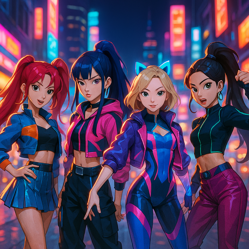 An image of Huntr/x characters in their futuristic outfits, glowing with vibrant K-pop vibes, set against a neon-lit city background