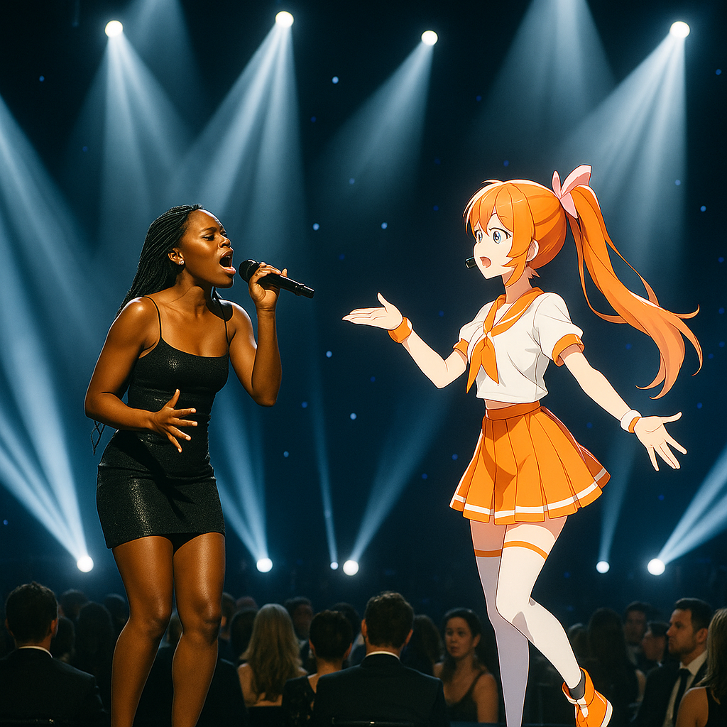 A vibrant concept art of KPop Demon Hunters characters in a dramatic action pose against a backlit magical setting