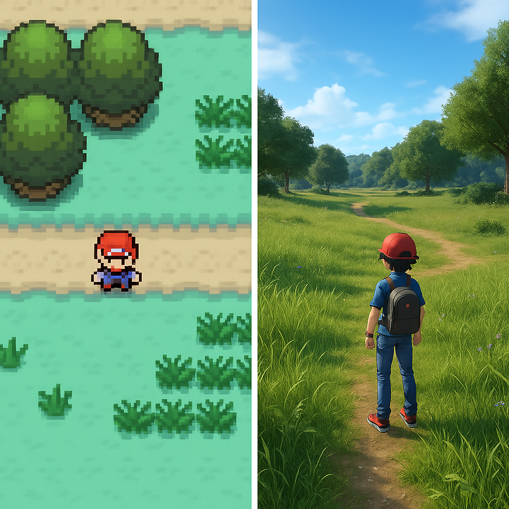 A graphical side-by-side comparison of Pokémon Violet and Pokémon Waves showing environmental upgrades