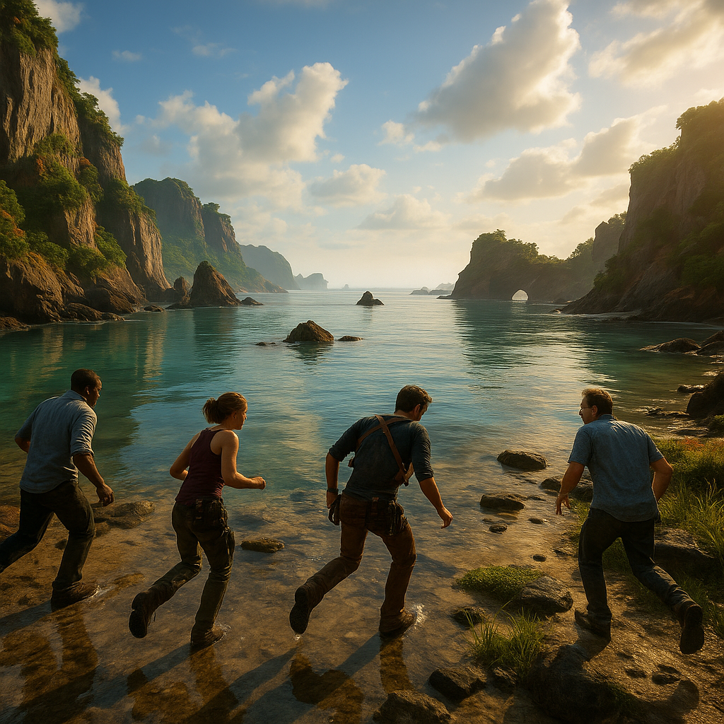 A vibrant coastal setting featuring water reflections from Pokémon Waves