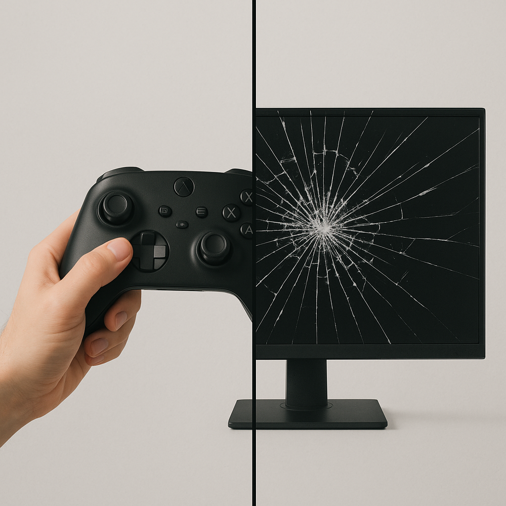 A conceptual image of a split screen with a gaming controller on one side and a broken monitor symbolizing online harassment on the other