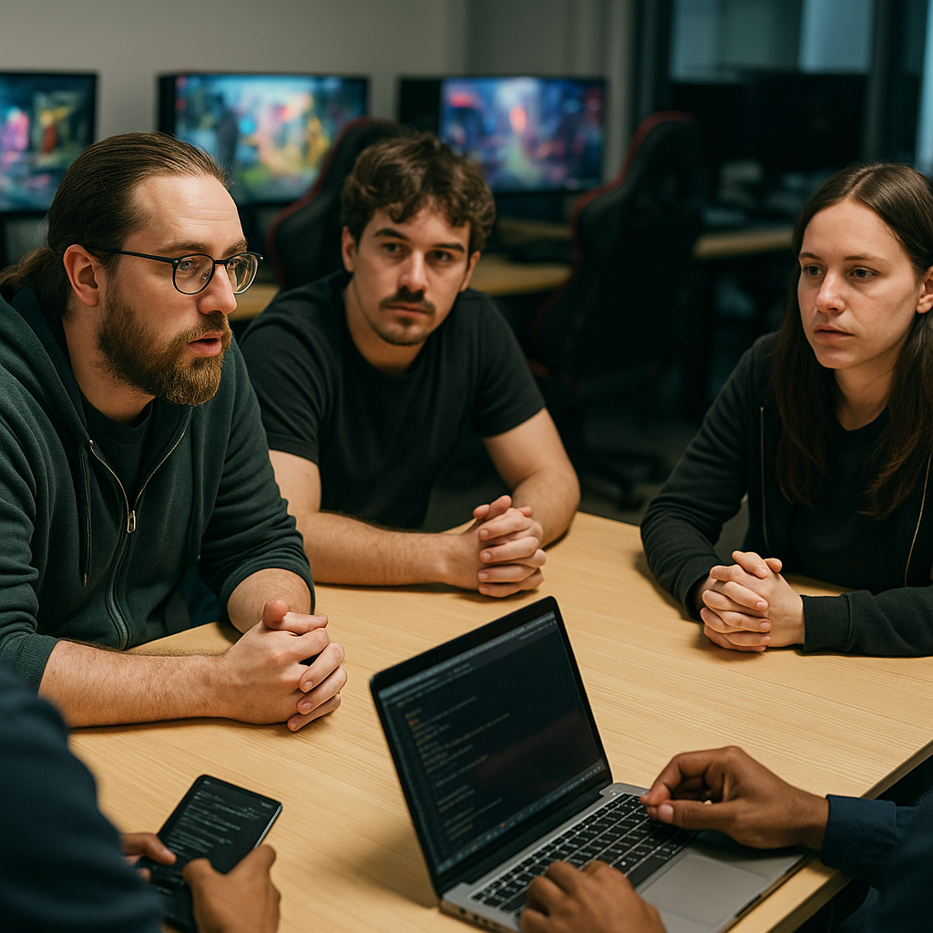 A group of frustrated developers at a meeting table, gaming monitors in the background
