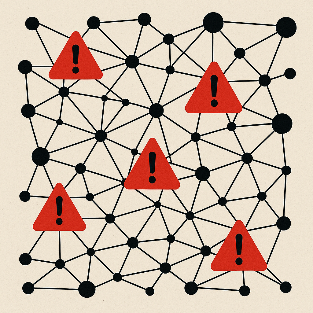 An abstract illustration of interconnected online networks with warning symbols