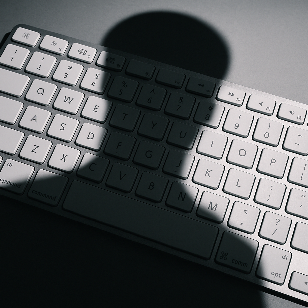 A conceptual image illustrating the effects of doxxing, such as a shadow on a keyboard representing anonymity and malicious activity