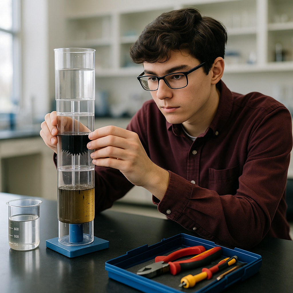A student working on a school science project with a water filtration prototype