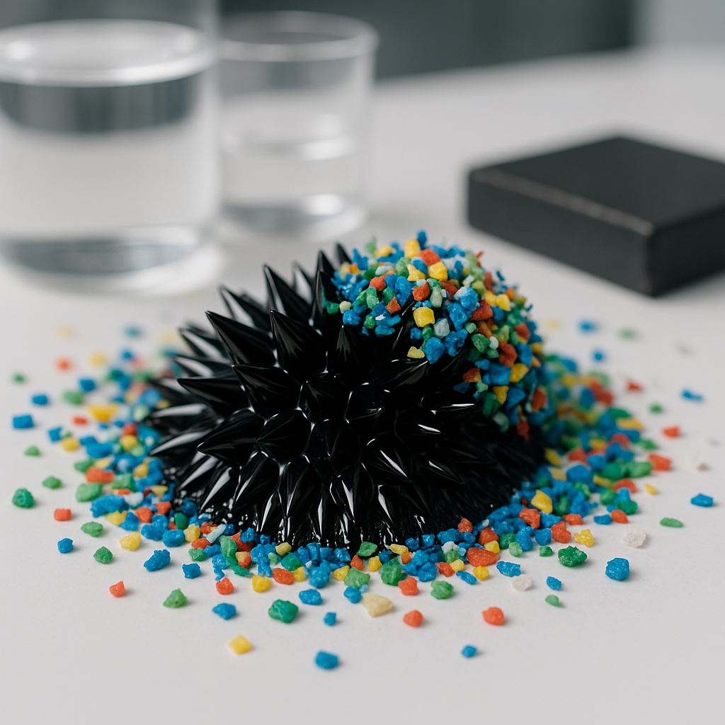 A close-up of ferrofluid and magnetic particles under a lab setting