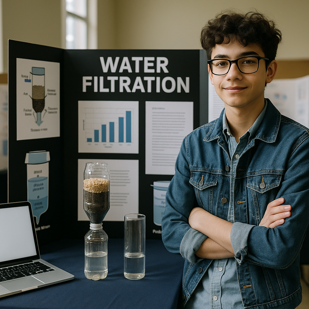 A science fair booth showcasing a young innovator's project with diagrams and results