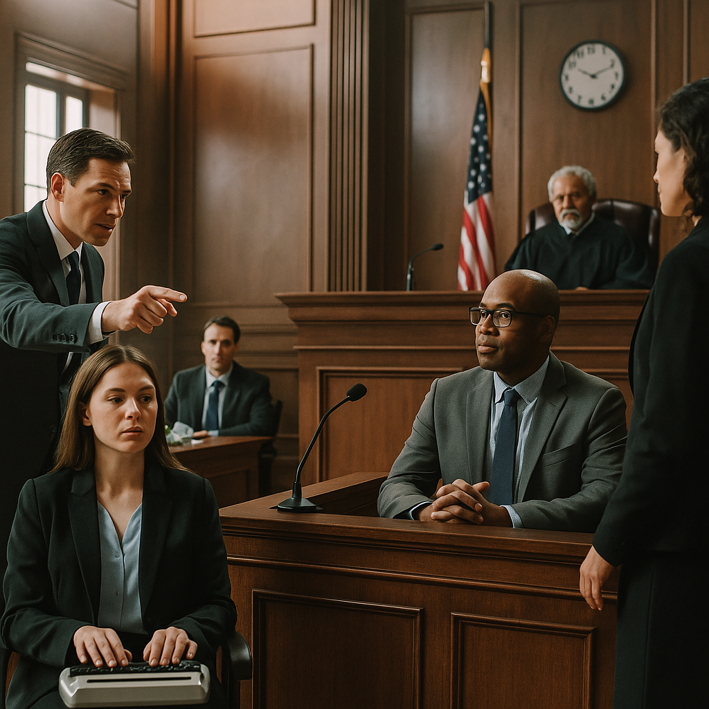 A courtroom setting with lawyers questioning a person seated at a deposition table