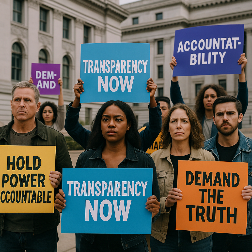 Protesters holding signs about government accountability and funding cuts