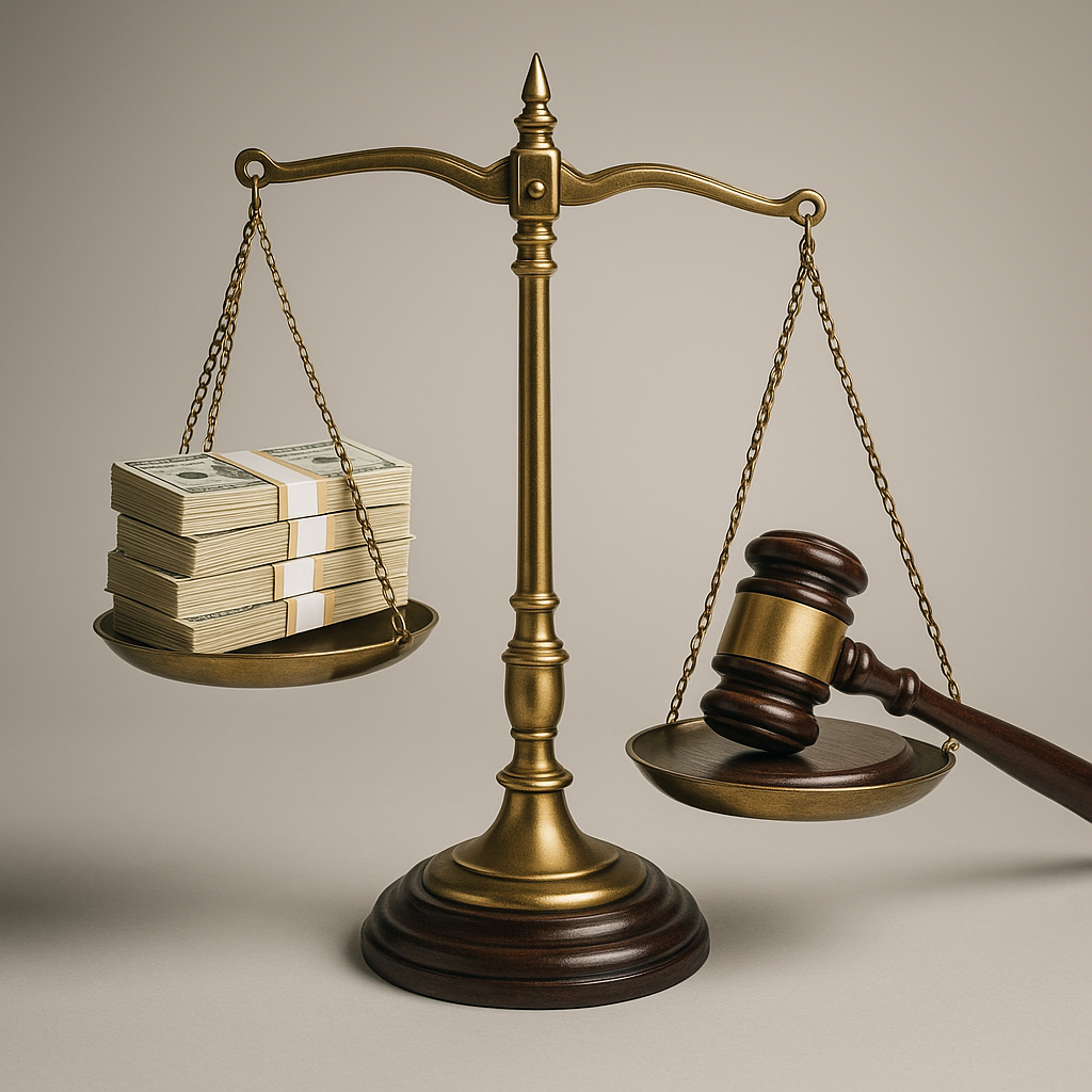 A symbolic image of a scale balancing stacks of money on one side and a gavel on the other