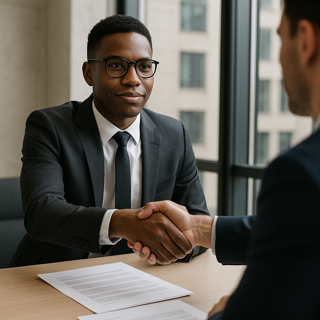 A confident individual discussing a contract or deal in a casual setting