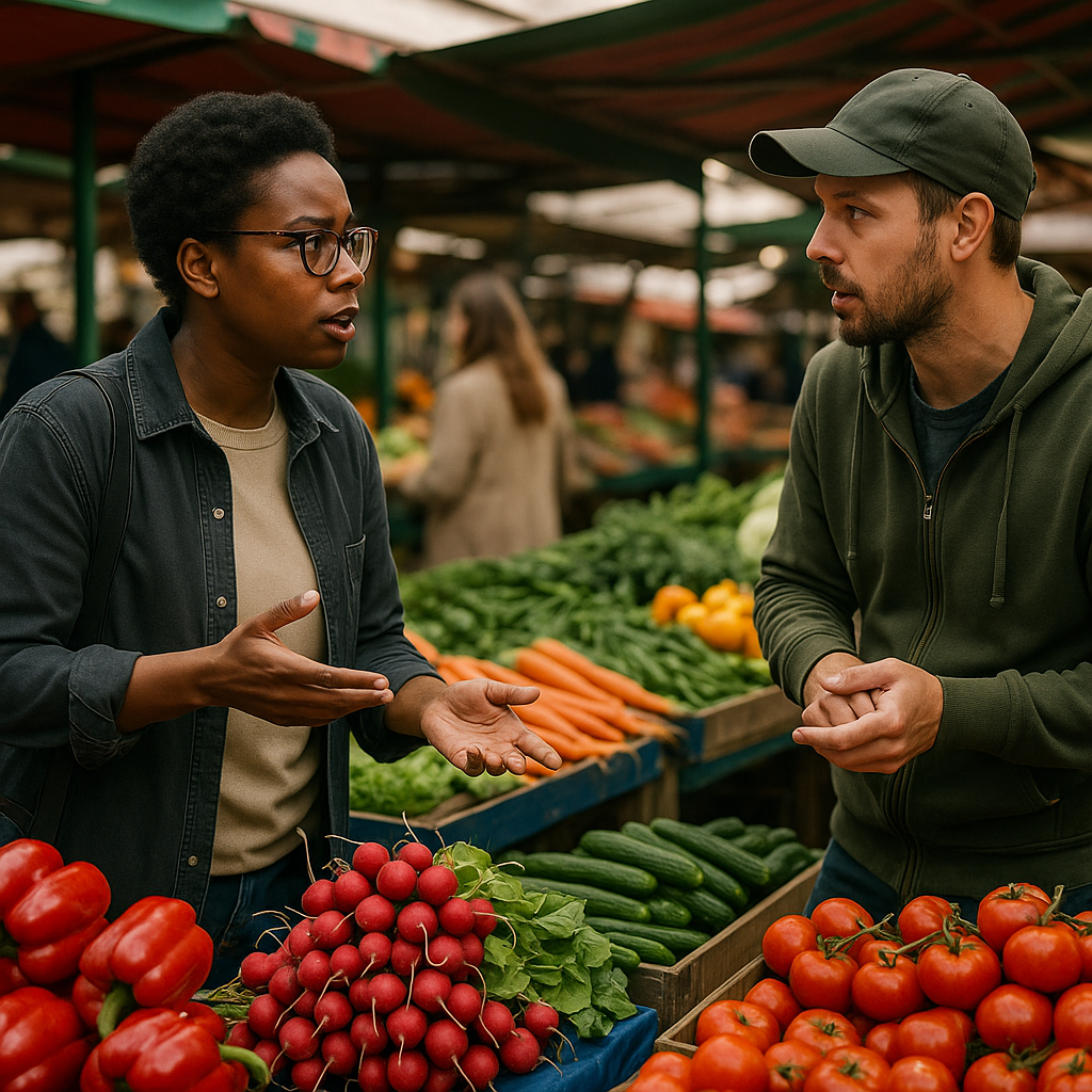 A shopper reviewing price tags at a farmers' market