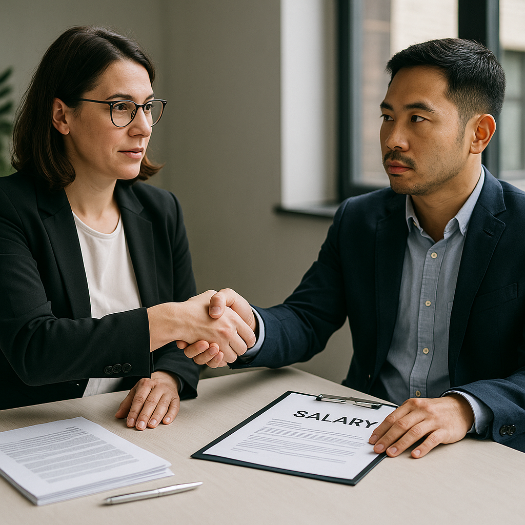 A person confidently discussing salary with their employer or HR representative