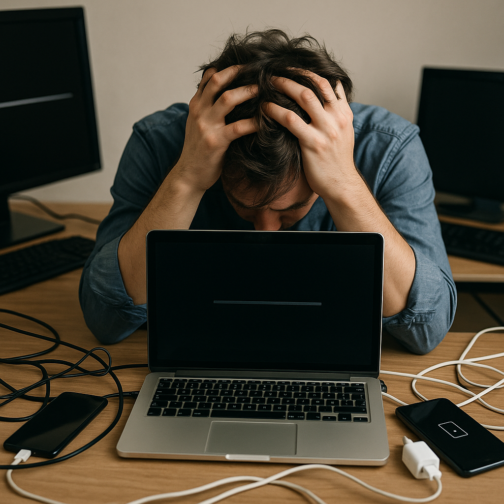 A frustrated user surrounded by various gadgets showing glitches