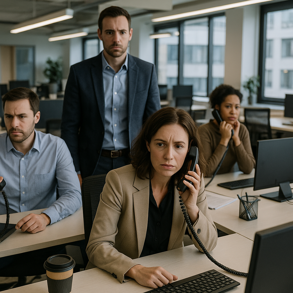 An office environment with employees visibly distressed over inoperative computers and phones