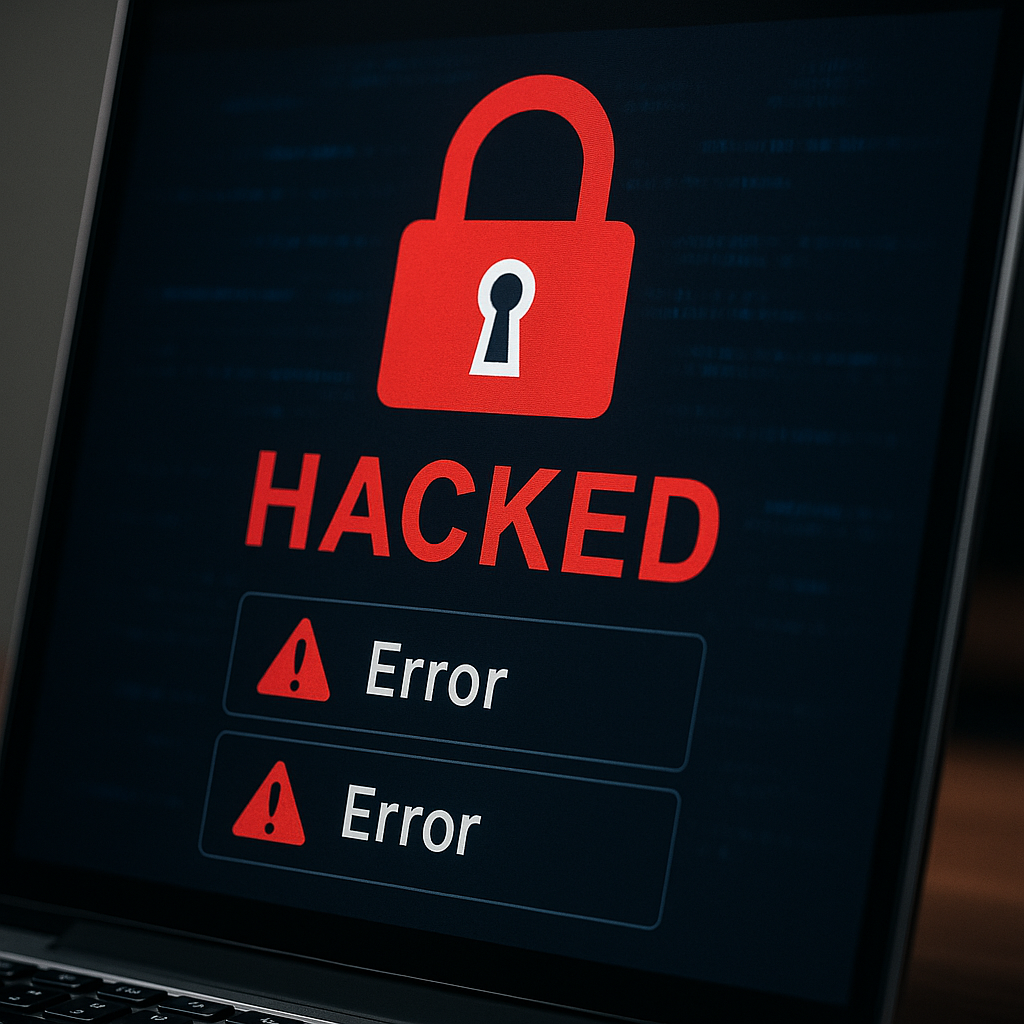 A symbolic display of a locked device screen with a warning message indicating a cyberattack