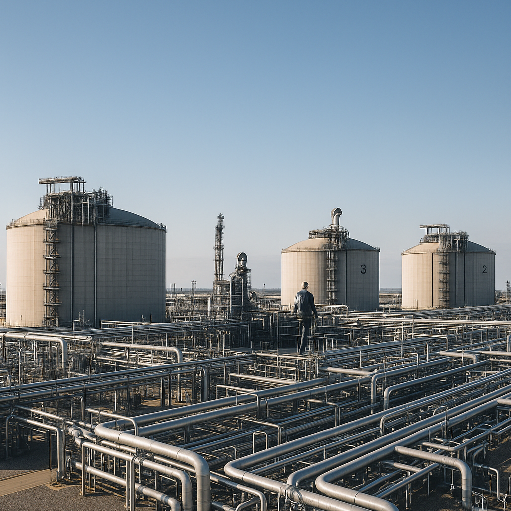 A panoramic view of an LNG facility with storage tanks and pipelines in the Middle East