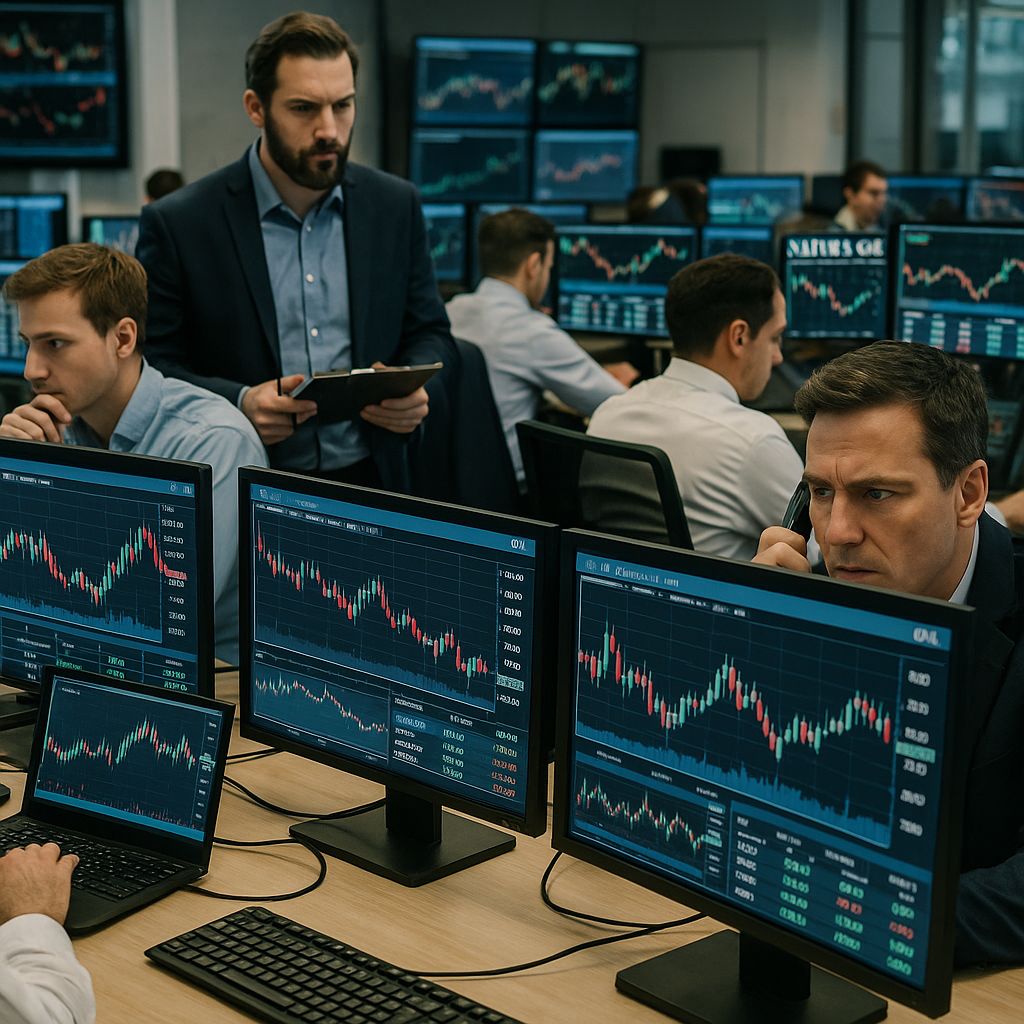 A crowded trading floor with energy market graphs displayed on screens