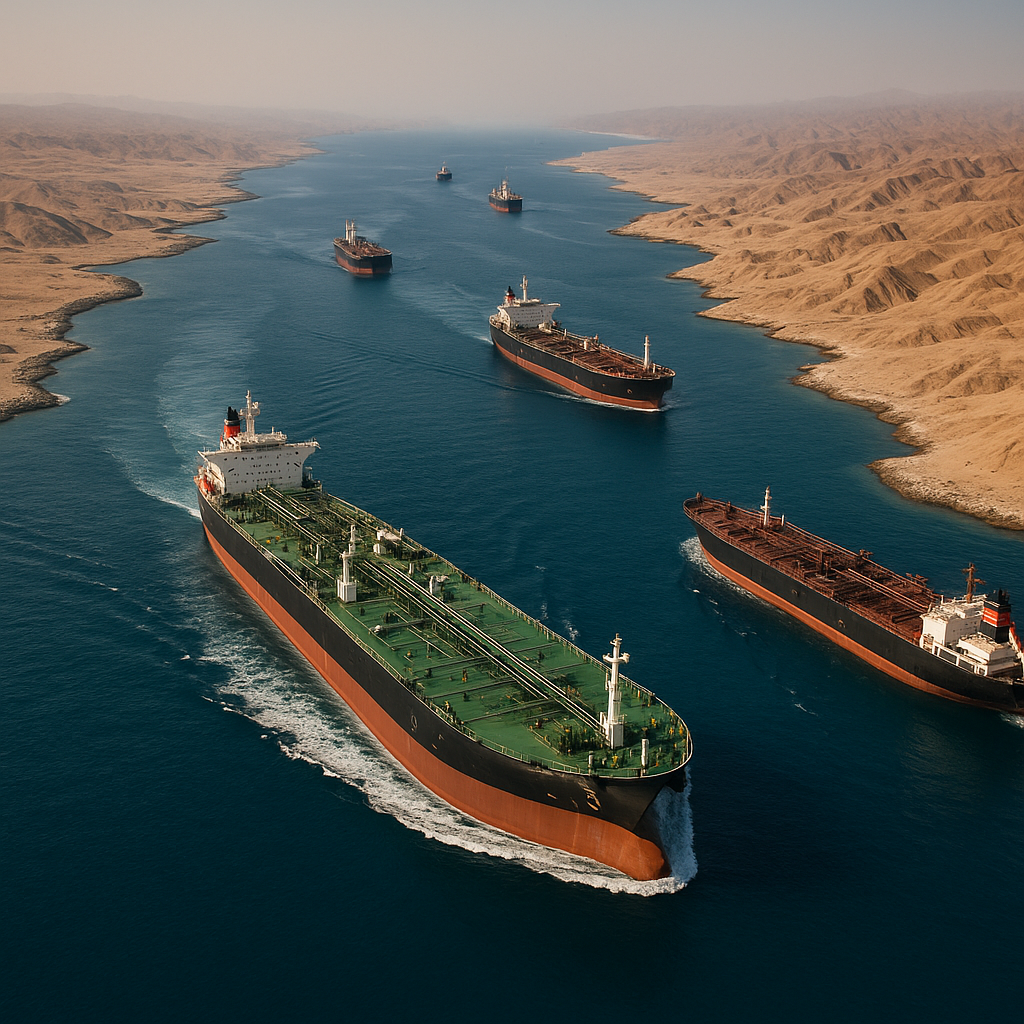 Aerial view of oil tankers lined up in the Strait of Hormuz