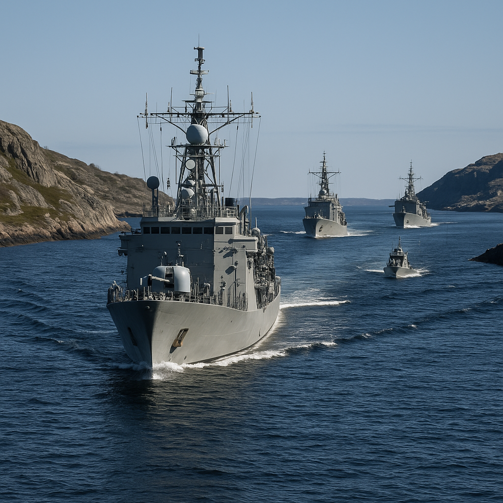 Naval forces patrolling a narrow waterway with military vessels in the background