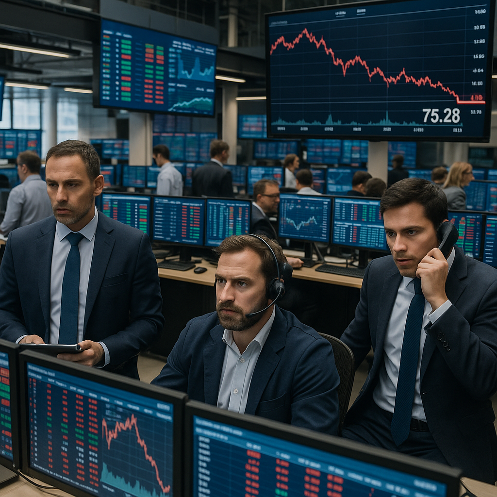 A bustling stock exchange floor reacting to news on oil prices