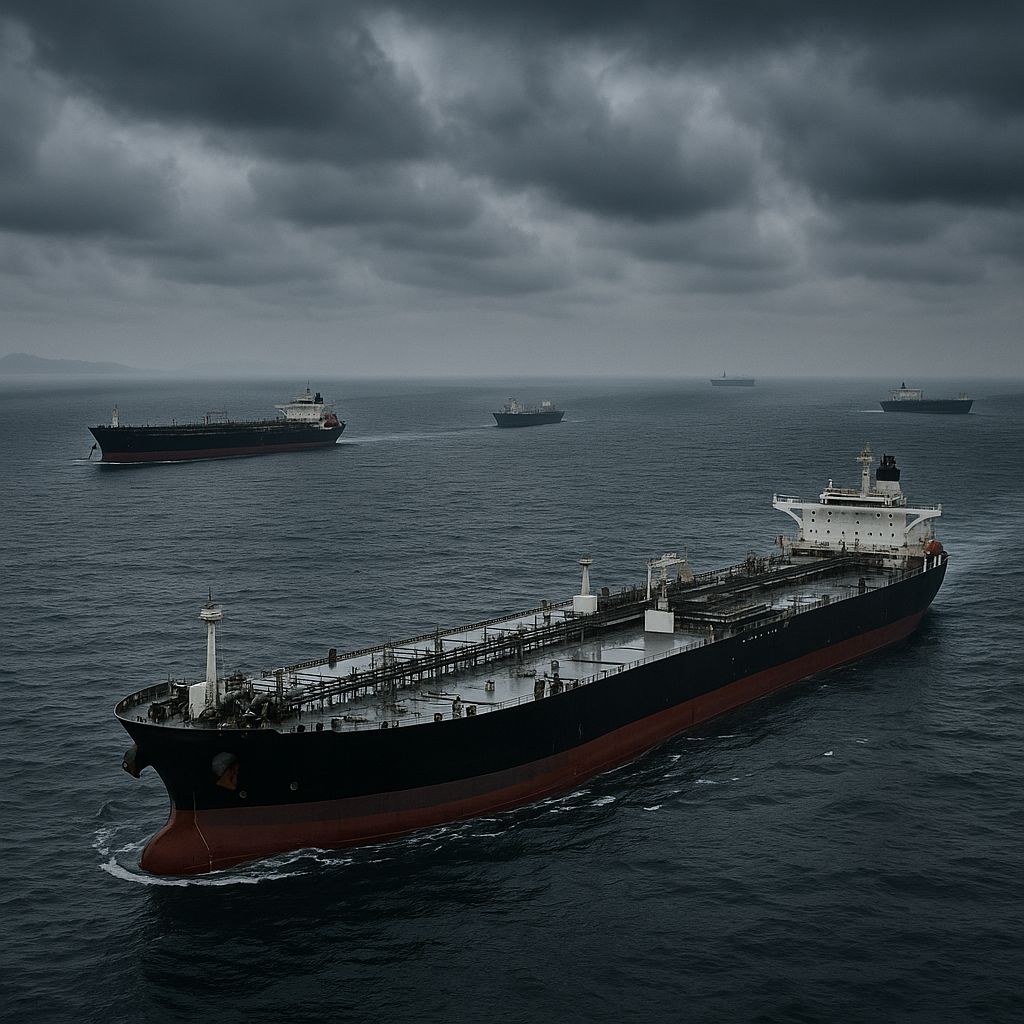 A view of the Strait of Hormuz and nearby oil tankers in a tense and strategic waterway