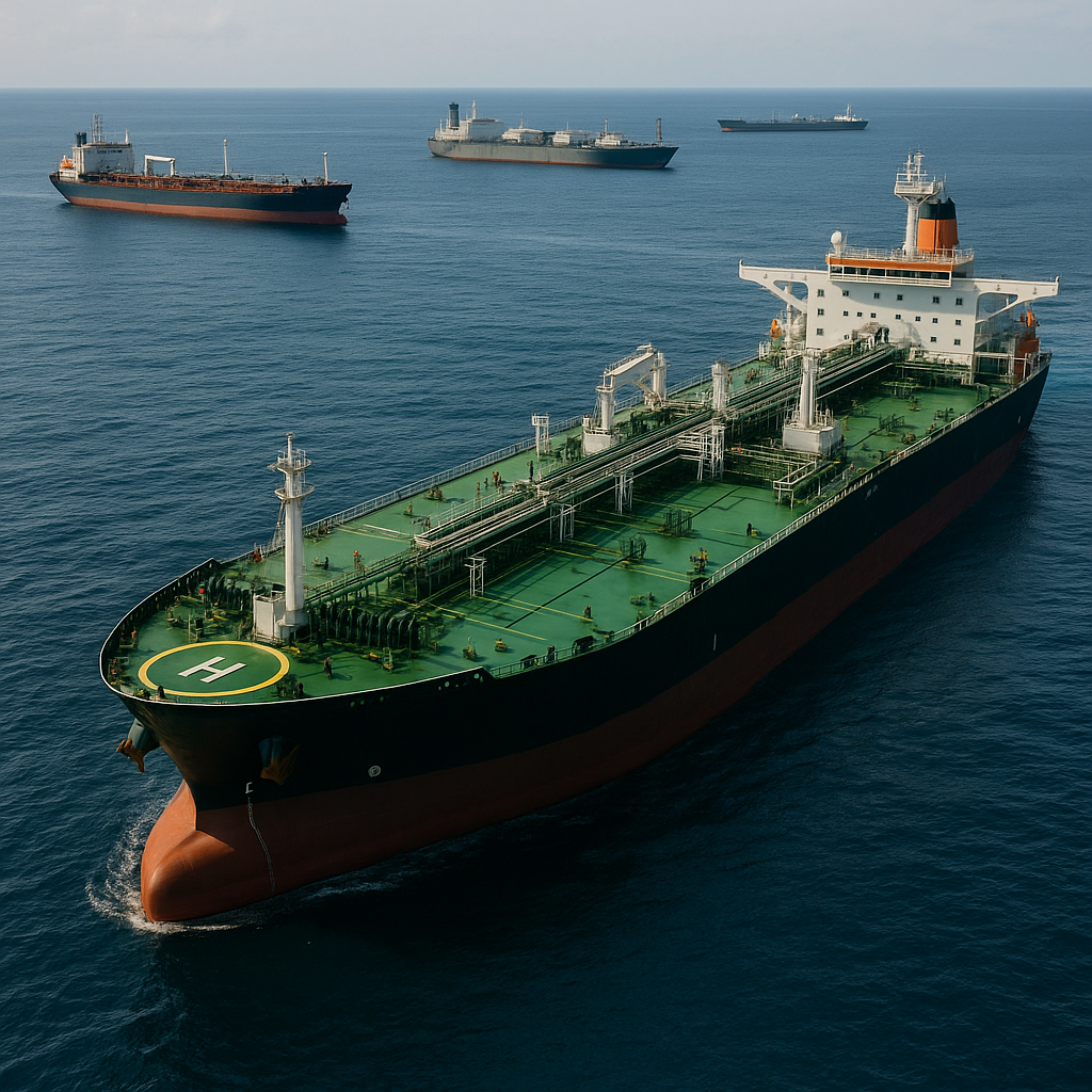 Oil rigs or tankers in a bustling international trade setting illustrating energy stakes