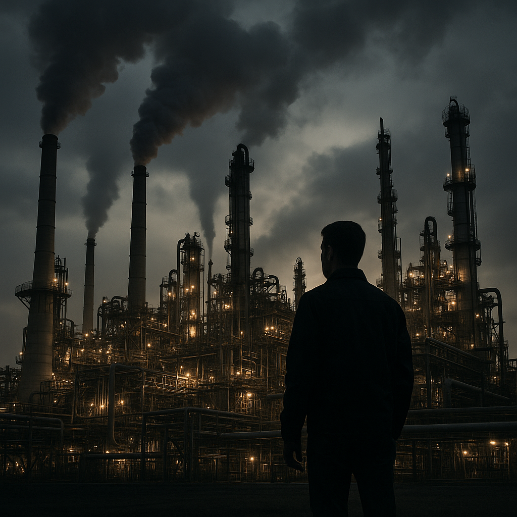 A strategic oil refinery under a dramatic sunset