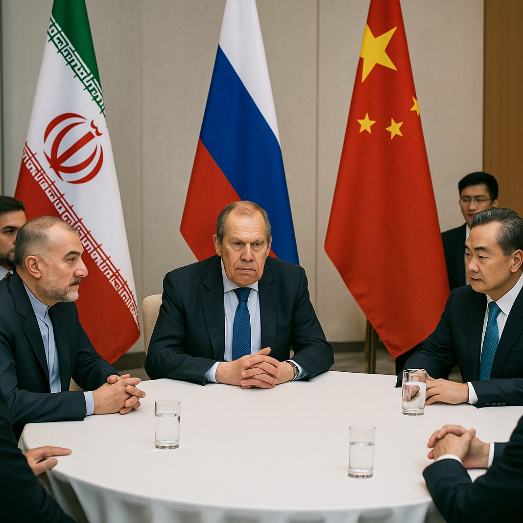 Diplomatic meeting or conference room with Iran, Russia, and China flags prominently visible in a formal setting