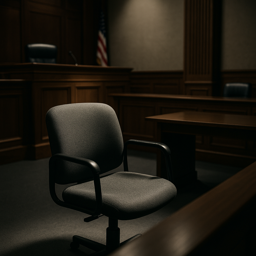 A courtroom with an empty defendant’s chair, symbolizing justice or the lack thereof