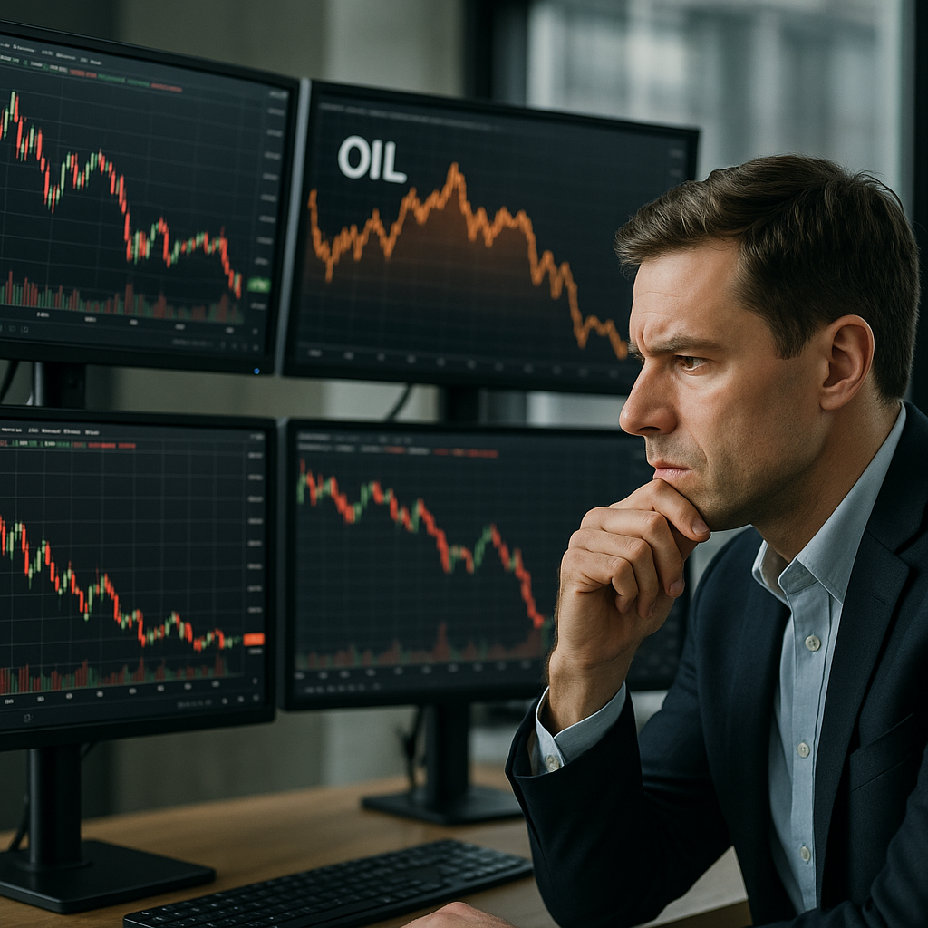 A stressed stock trader monitoring fluctuating oil prices on multiple screens