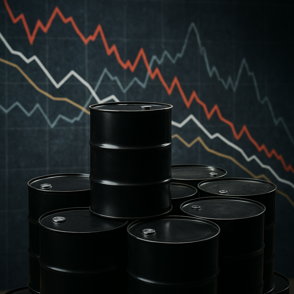 Barrel stacks representing soaring oil prices, with a destabilized economy in the background