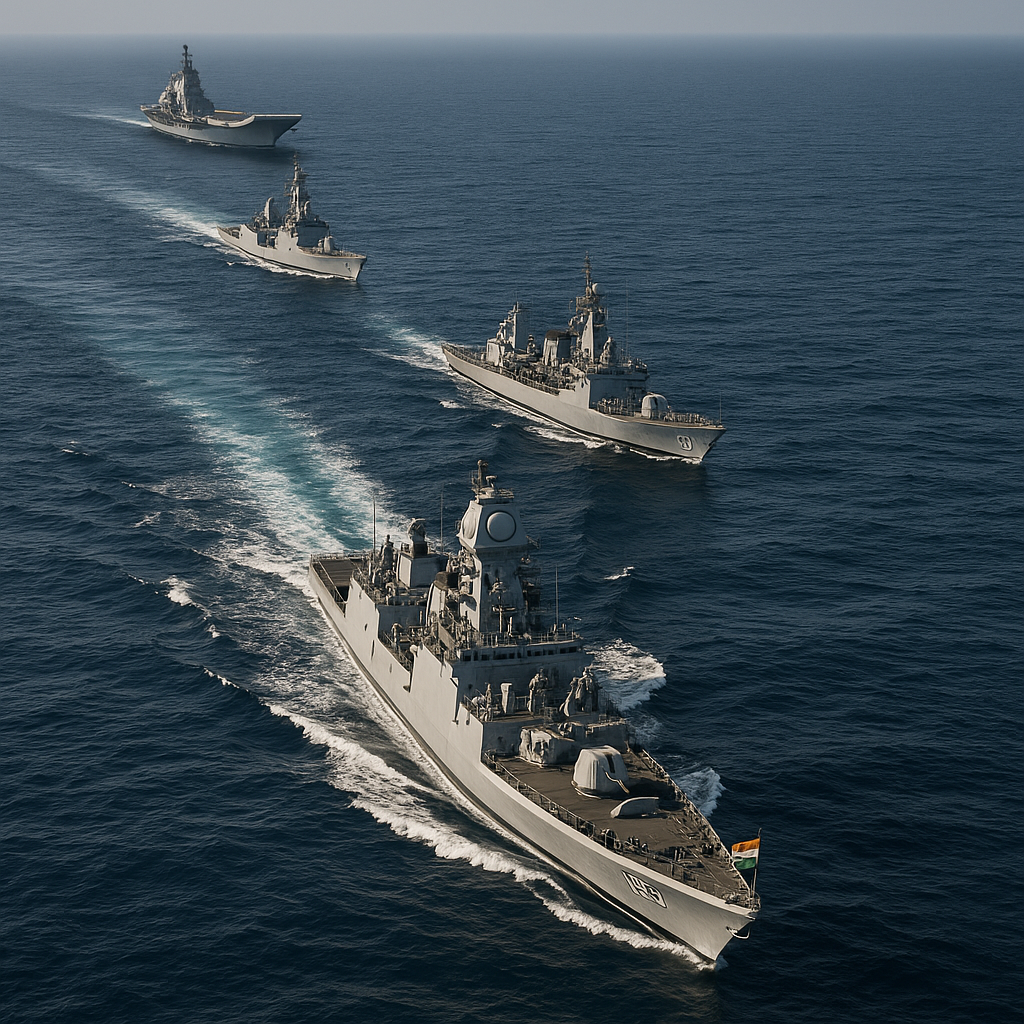 An aerial shot of Indian warships participating in a coordinated naval exercise