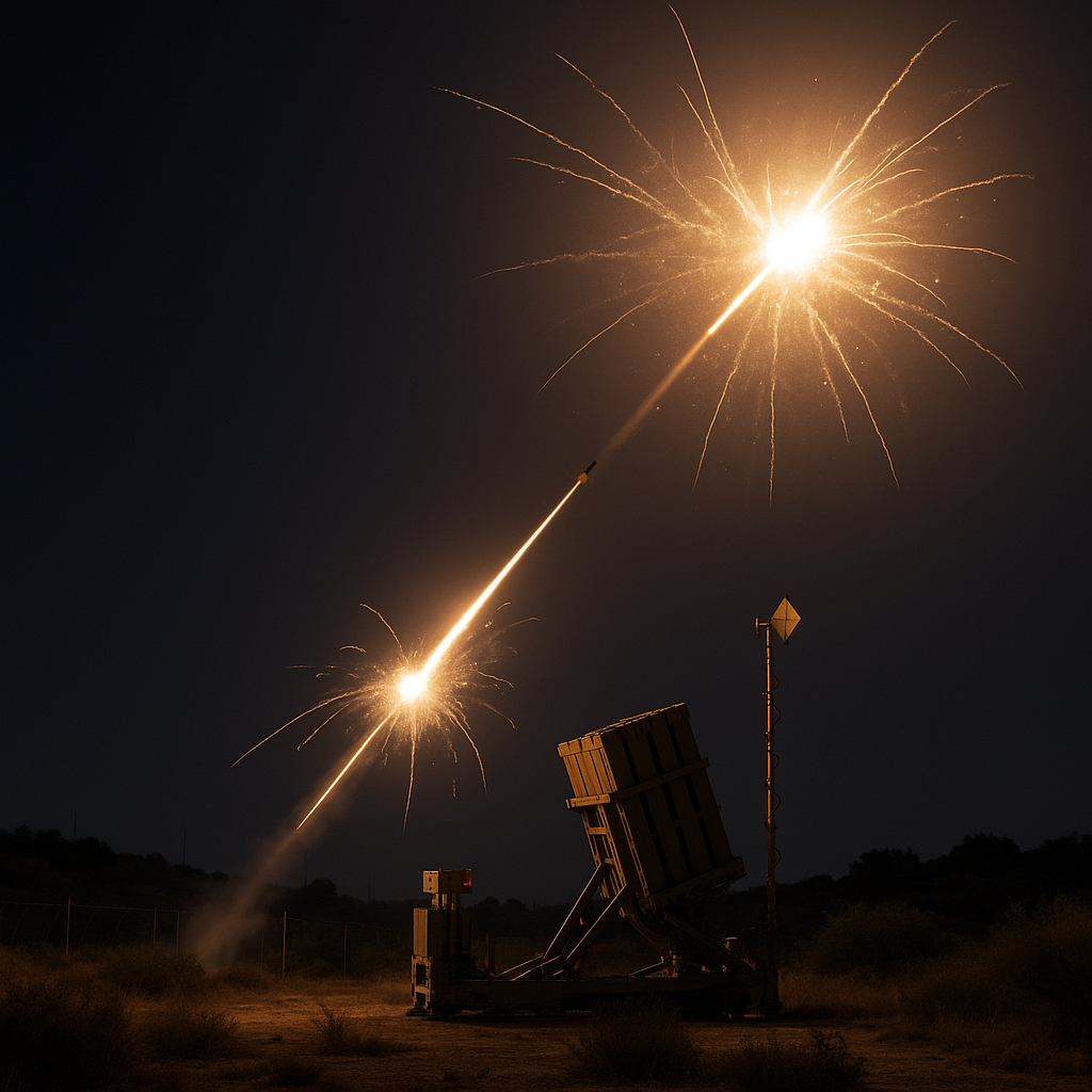 Israeli missile defense system intercepting a missile at night