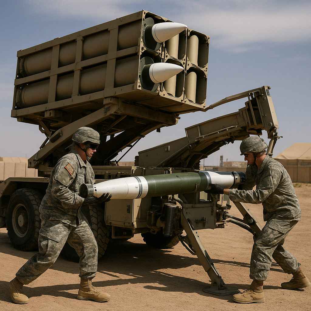 Military personnel loading missile interceptors into a deployment system