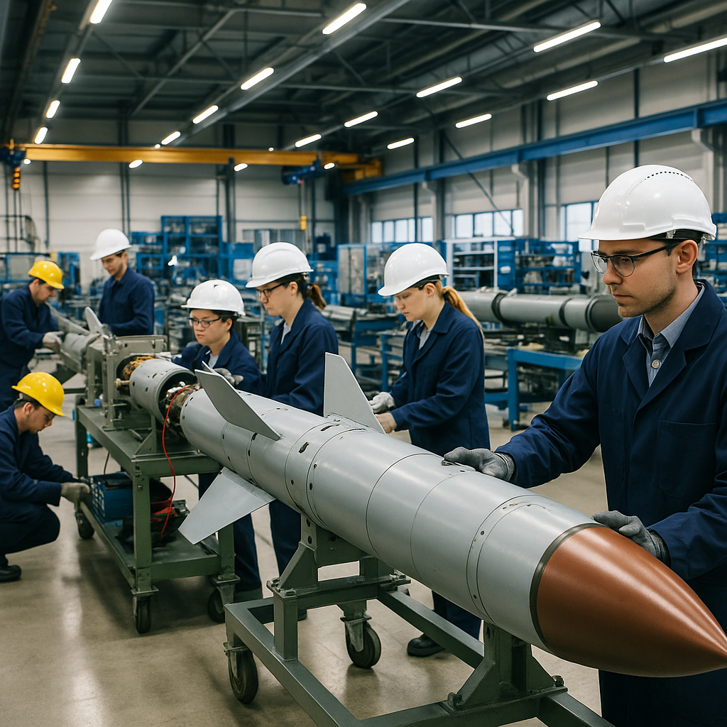 A military production facility with workers assembling missile components