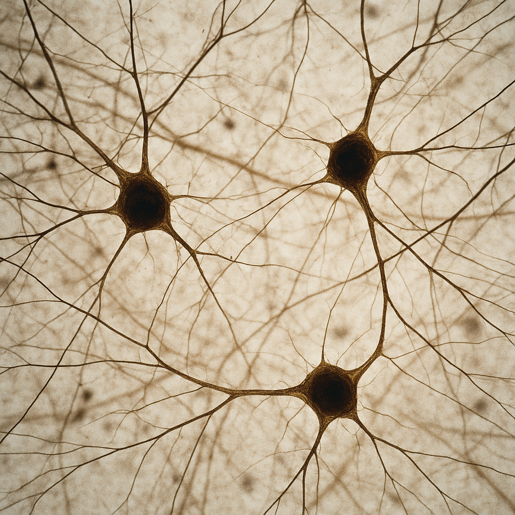 Visualization of brain neurons or scientists observing stem cells under a microscope