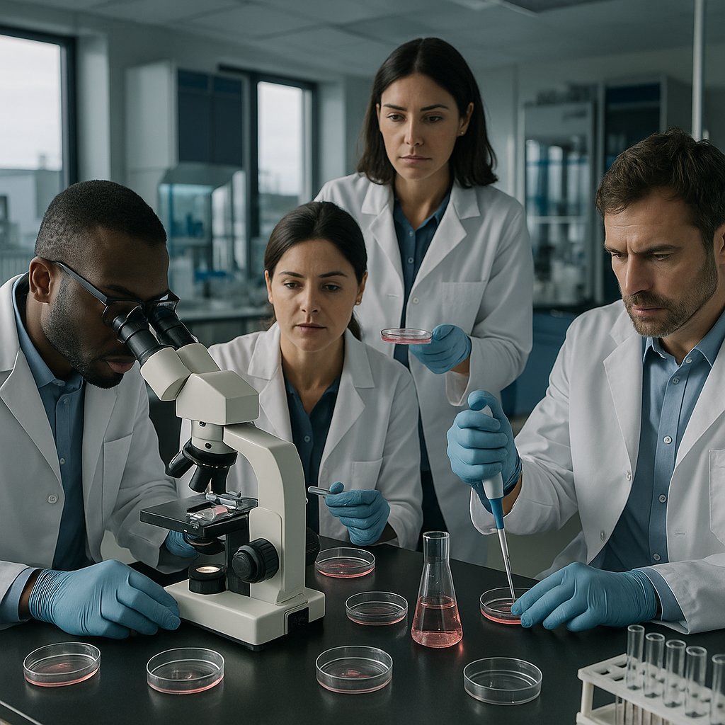 A group of scientists working in a high-tech lab with microscopes