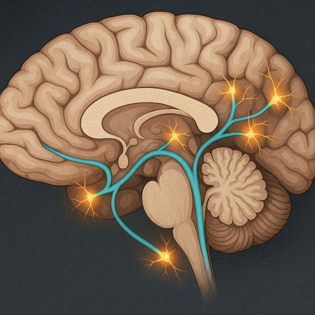 Illustration of dopamine pathways in the brain or a model showing neural connectivity